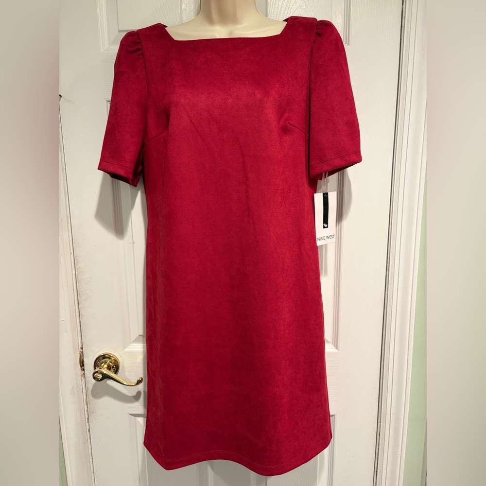 NWT Nine West Wine Red Faux Suede Shift Dress Women’s Size 10 Puff Sleeve